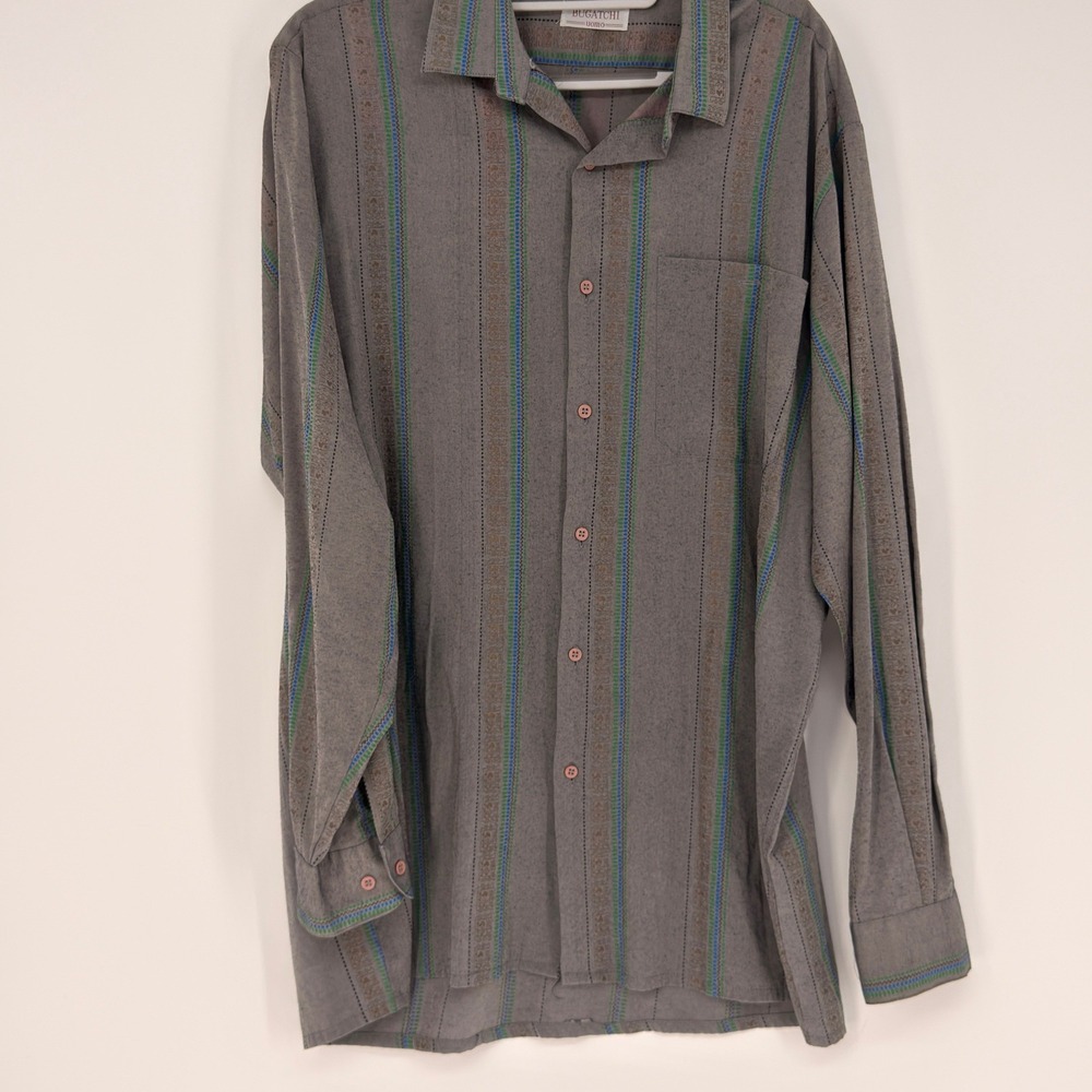 Bugatchi Uomo Button Down Mens XL Gray Striped Geometric Vintage Tribal Grunge